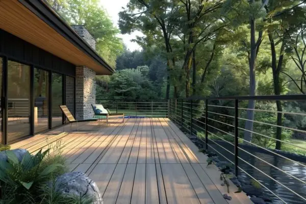 wraparound decking overlooking pond