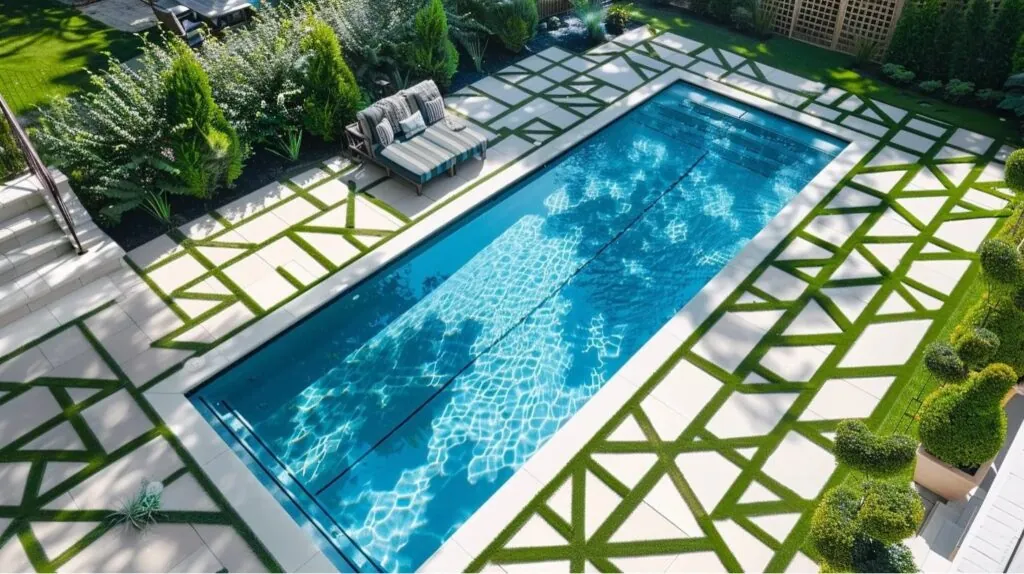 a pool decking made of artificial turf arranged in a stylish pattern surrounds a sparkling blue swimming pool