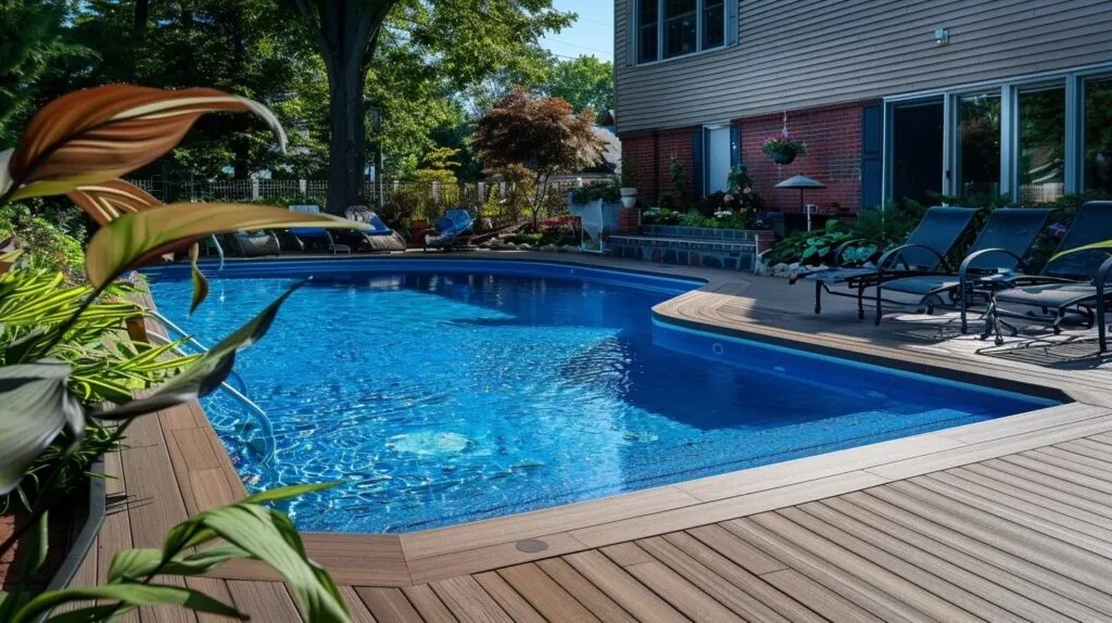 a swimming pool deck made of composite decking arranged in a stylish pattern surrounds a sparkling blue swimming pool