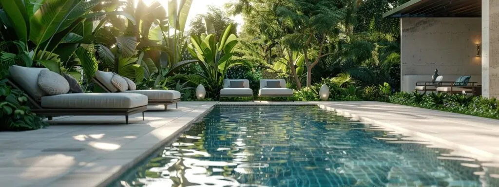 a luxurious swimming pool decking made of polished concrete with modern outdoor furniture and lush green landscaping surrounding the pool area