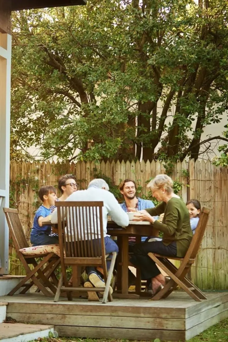 happy family get together on backyard deck