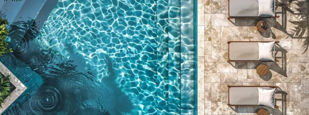 a swimming pool decking made of pavers arranged in a stylish pattern, with elegant porcelain tiles surrounding a crystal-clear swimming pool