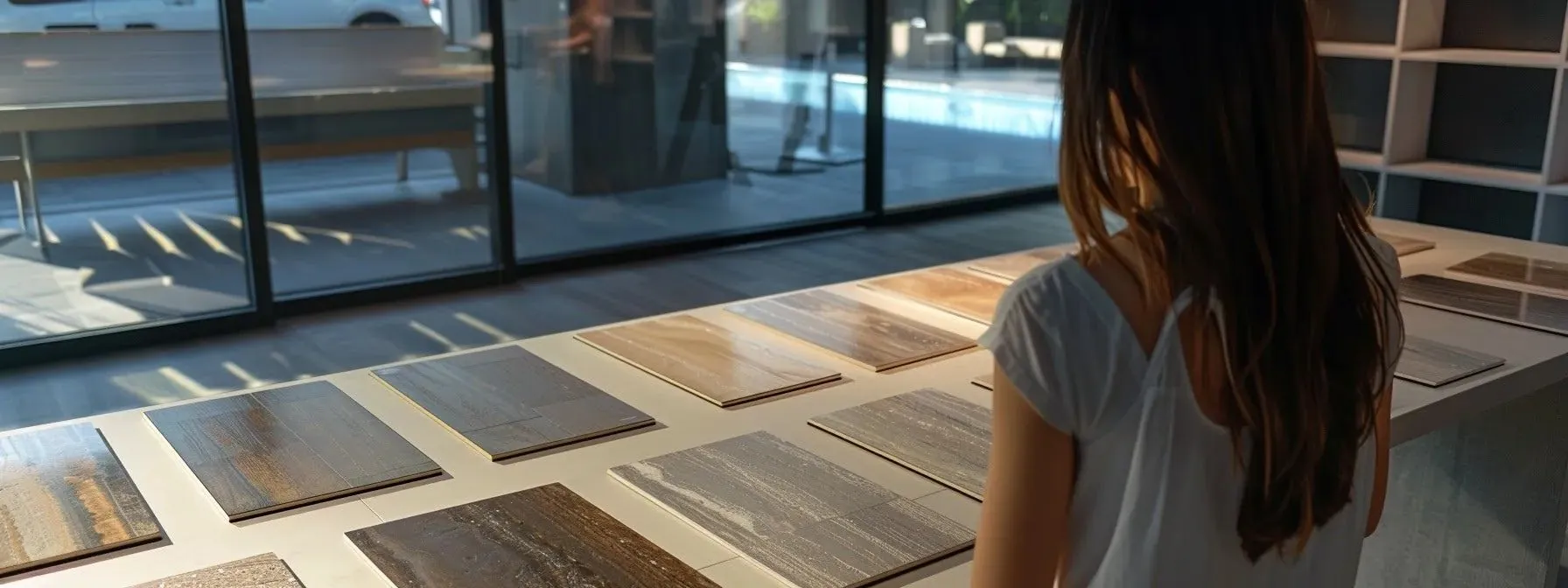 a woman looking at samples of different pool decking materials displayed on a table