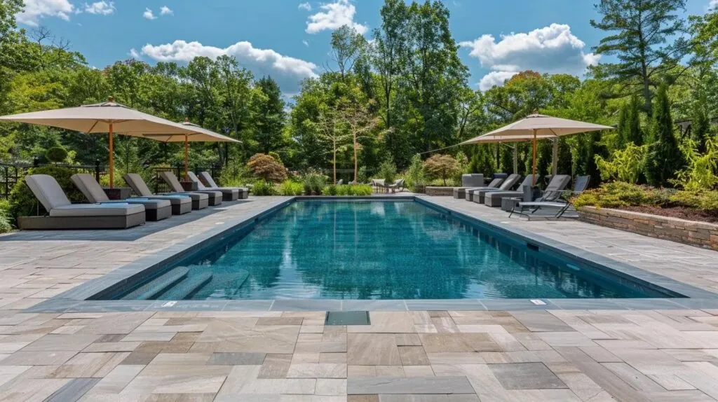 a swimming pool deck made of sleek, stone decking surrounding a crystal clear swimming pool with lounge chairs and umbrellas