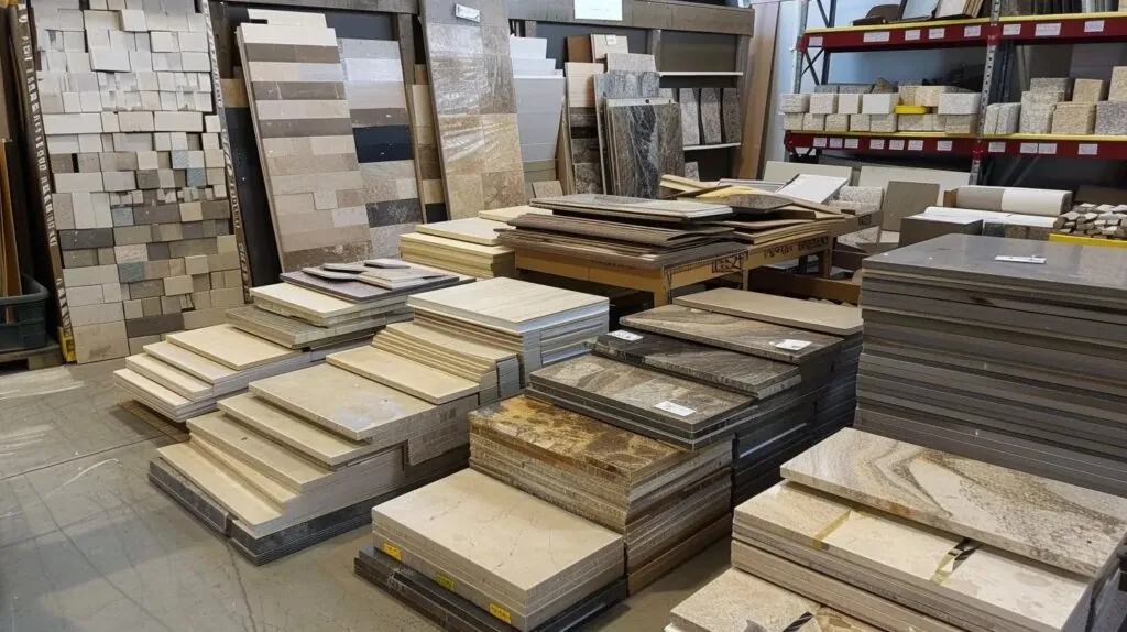 a variety of tile for pool decking materials laid out in a display for customers to choose from