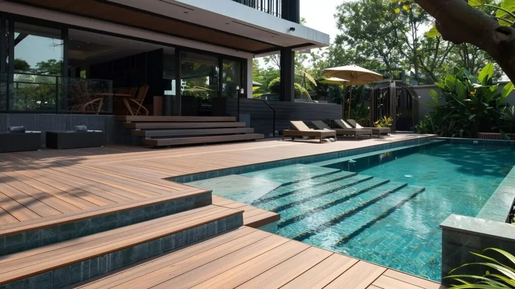 a stylish swimming pool decking made from wood, beautifully complementing the pool area with its modern and durable design