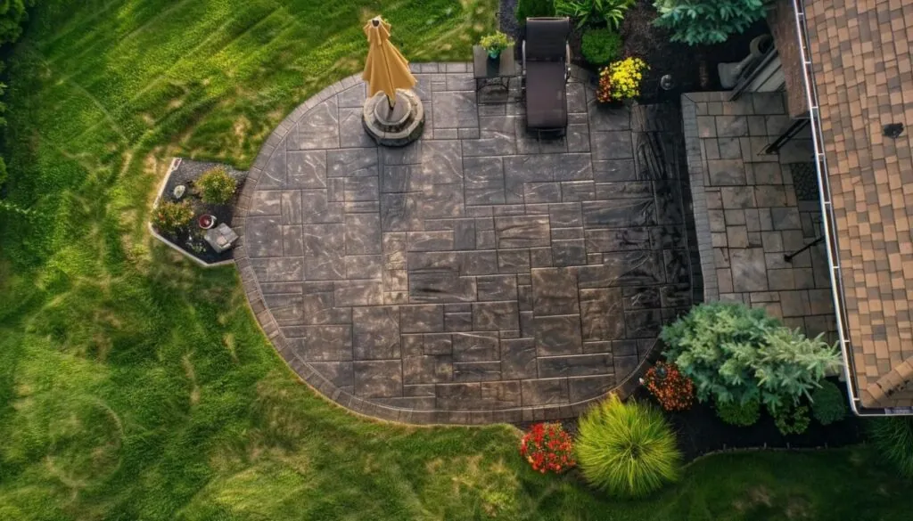 aerial view of an intricate ashler slate pattern stamped concrete patio surrounded by beautiful lawn grass