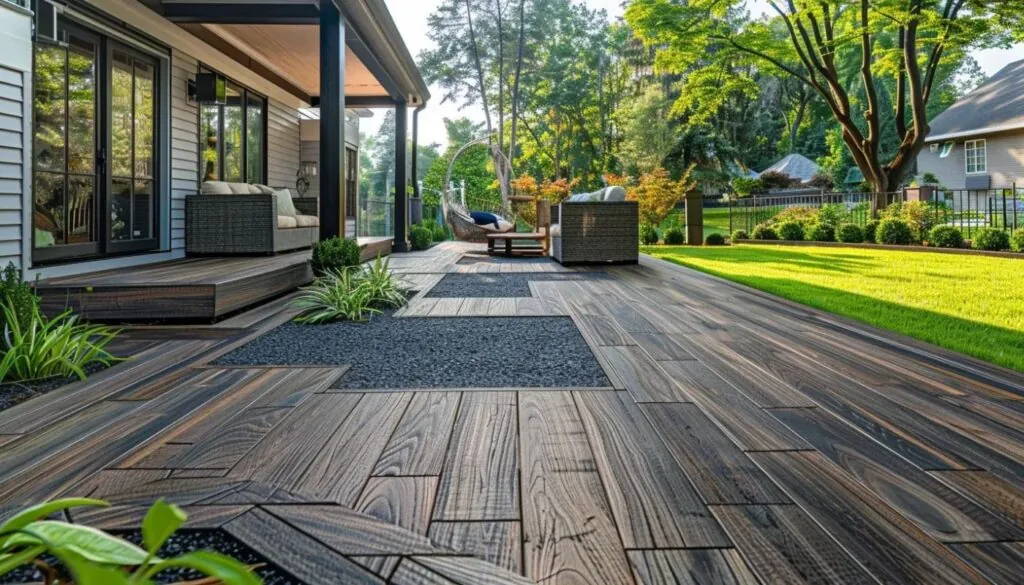 backyard landscape with wood plank pattern patio connected to the lanai