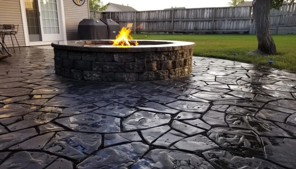 cobblestone stamped concrete patio with a fire pit at the center