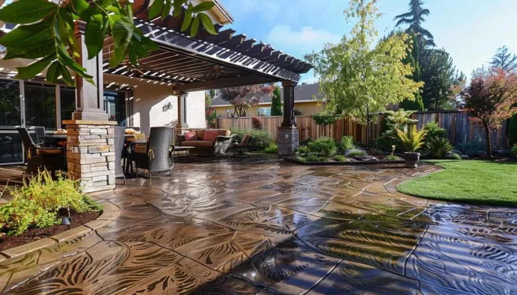 european fan pattern stamped concrete patio with a pergola for backyard landscape