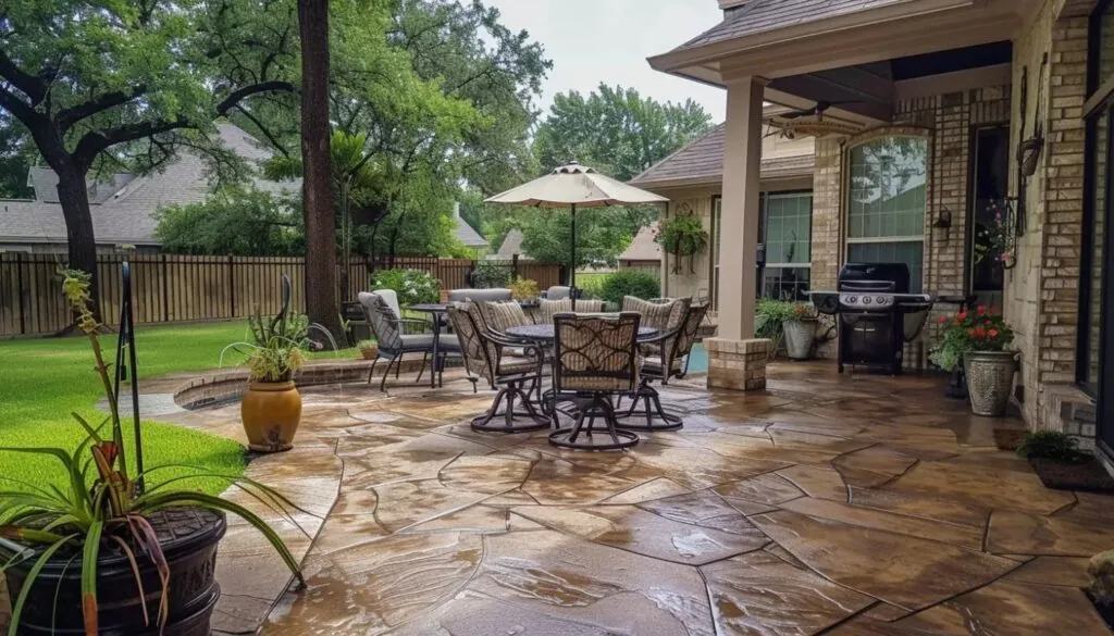 flagstone pattern stamped concrete patio in the backyard and patio furniture surrounded by beautiful hardscape