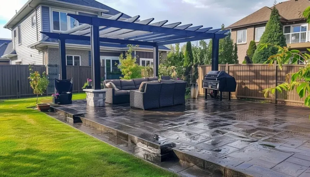 roman slate stamped concrete patio with pergola and patio furniture