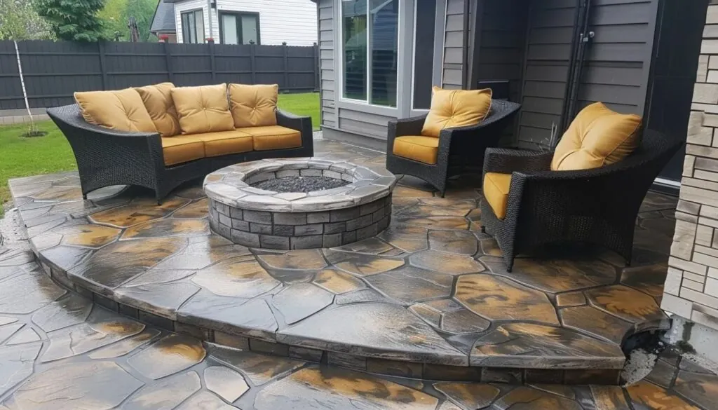 stamped concrete patio with large stone pattern and fire pit at the center complemented with patio furniture