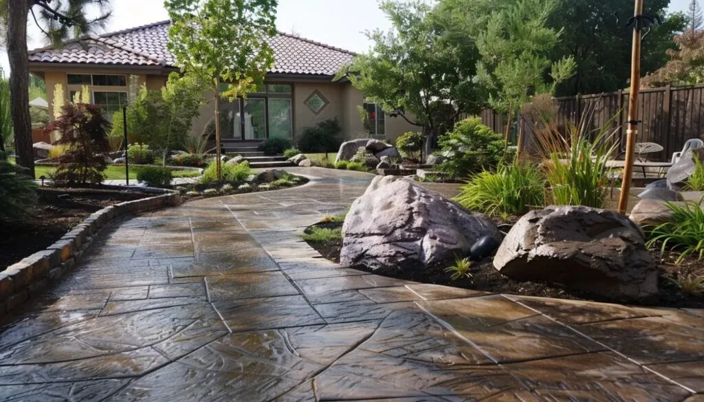 tile pattern stamped concrete patio combined with beautiful hardsape and walkway