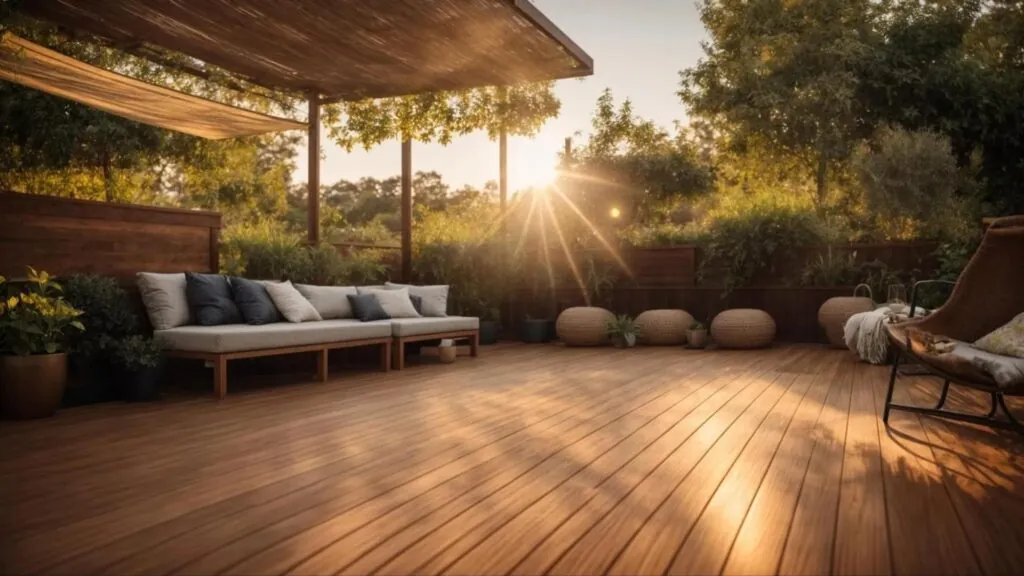 a beautifully crafted composite deck glistens under the warm golden sunlight, surrounded by vibrant greenery, showcasing the allure and modern aesthetic of sustainable outdoor living