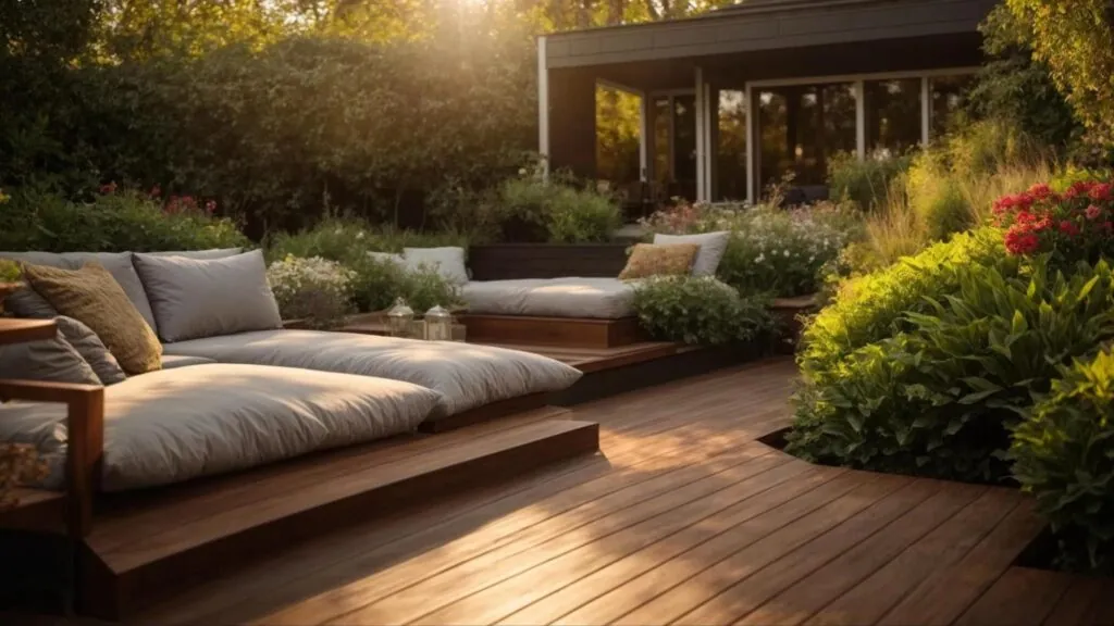 composite deck showcases its rich, textured surface bathed in warm golden sunlight, surrounded by lush greenery and vibrant flowers, highlighting the seamless blend of nature and modern design