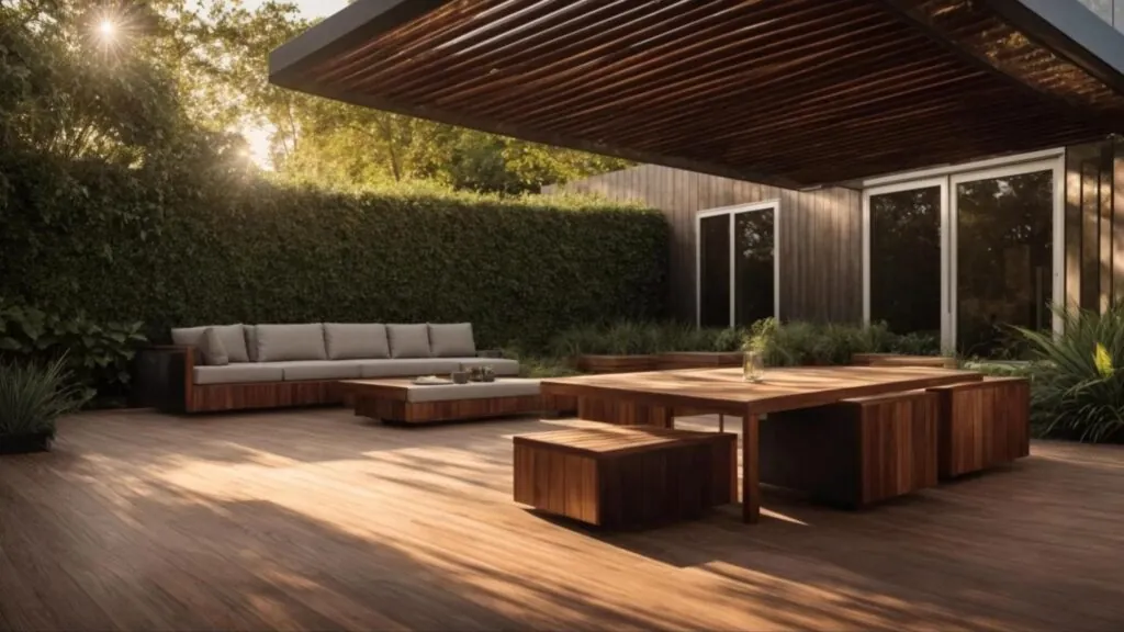 modern outdoor space features a luxurious composite decking setup, showcasing rich wood-like textures under warm golden sunlight, surrounded by vibrant green foliage