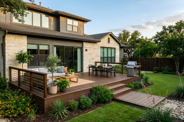 Spacious deck with composite decking, cable railing, and a backyard grilling and entertaining space in College Station, TX.