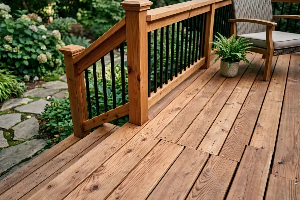 Cedar wood deck with black aluminum railing, a durable natural decking option for Texas homes.