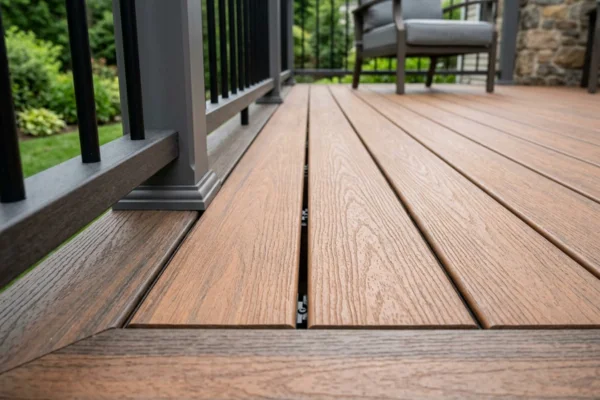 Close-up of composite decking boards with hidden fasteners and aluminum railing on a College Station deck.