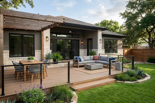 Professionally designed deck with composite decking, landscape lighting, and a modern outdoor entertaining area in College Station, TX.