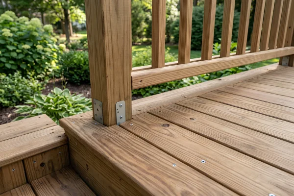 Pressure-treated wood deck with secure railing posts and sturdy framing, showing quality deck construction craftsmanship.