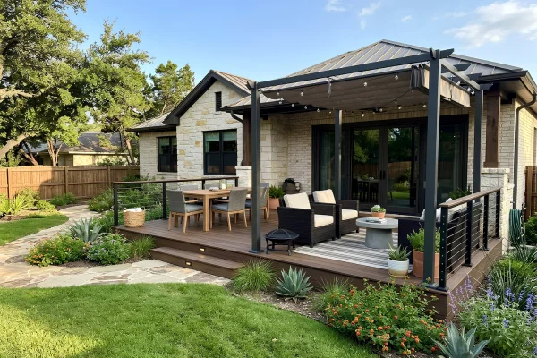 Modern composite deck with a covered pergola and outdoor living space at a College Station, TX residence built by All Pro CS Decks.