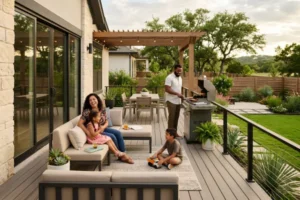Composite backyard deck with pergola, outdoor dining, and grilling area at a College Station, TX home built by All Pro CS Decks.
