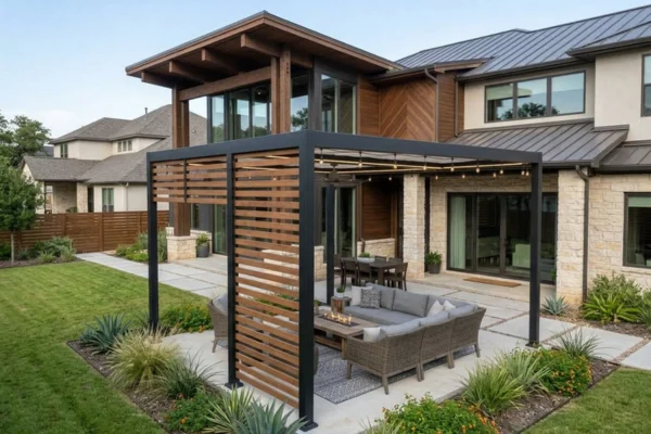 Contemporary pergola with wood and black metal framing, privacy screens, and a comfortable outdoor seating area beside a modern home.