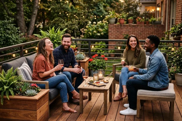 Friends relaxing on a modern wood deck with outdoor seating, planters, and space for entertaining