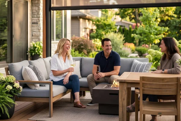 Modern pergola with wood and black metal beams, creating a covered outdoor living space with comfortable seating, a fire table, and a dining area. 
