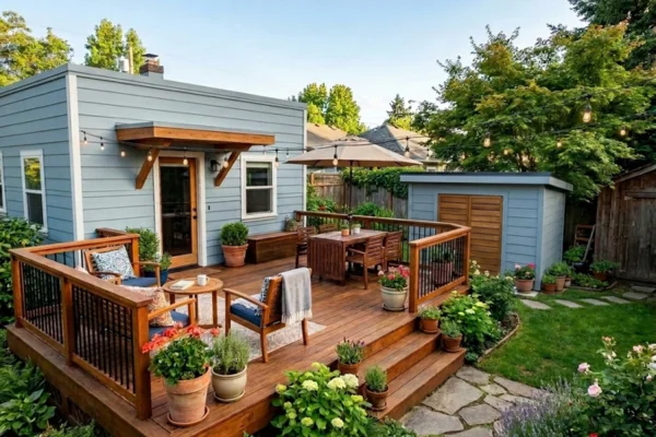 Backyard deck for a small home with separate seating and dining areas surrounded by landscaping 