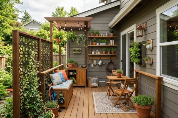 Small backyard deck with vertical storage, shelving, privacy screen, built-in bench, and compact dining area 