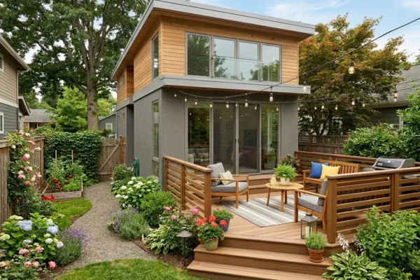 Modern small home with a compact deck, outdoor seating, built-in benches, and landscaped backyard 