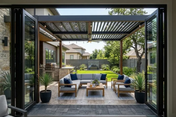 Modern backyard pergola with adjustable roof panels, outdoor seating, and a built-in grill area overlooking a landscaped yard.