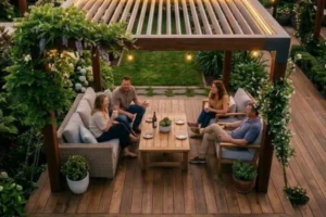 Multi-level wooden pergola installation with slatted roofs, string lights, and outdoor seating surrounded by lush landscaping. 