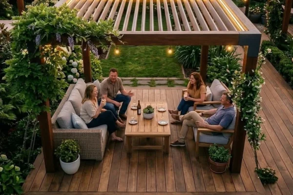 Multi-level wooden pergola installation with slatted roofs, string lights, and outdoor seating surrounded by lush landscaping.
