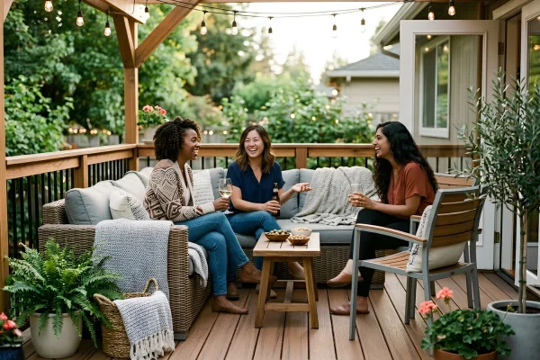 Three friends enjoying conversation on a comfortable covered deck with outdoor seating and string lights 