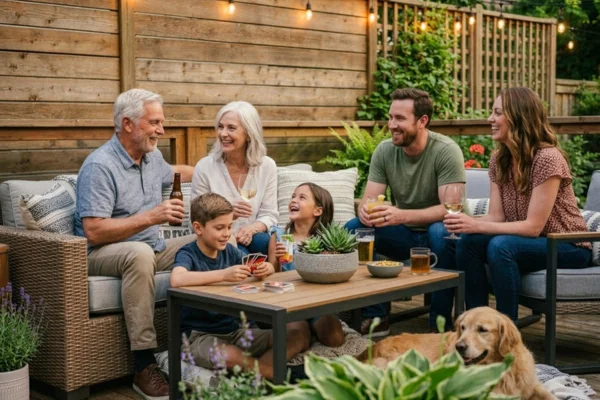 Family relaxing together on a small but well-designed backyard deck set up for outdoor seating, entertaining, and family gatherings 