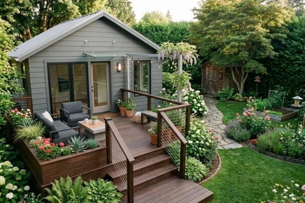 Compact deck design for a small home with built-in seating, cable railings, and surrounding garden space 