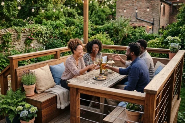 Friends enjoying drinks and conversation on a compact wood deck with built-in seating and string lights