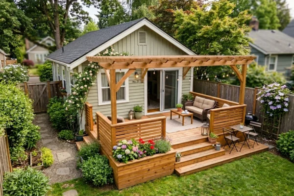A modern wooden pergola and elevated deck attached to the back of a small green house, featuring outdoor seating, string lights, and surrounding garden landscaping
