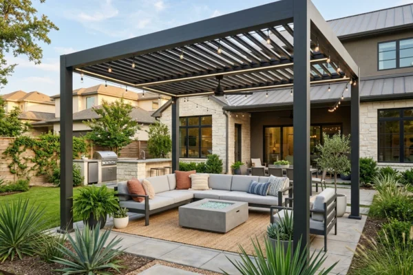 Modern black metal pergola with slatted roof panels, string lights, and an outdoor seating area with a fire table and landscaped garden. 