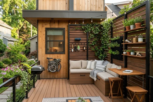 Compact deck design with built-in storage seating, privacy screens, vertical planters, and outdoor living space