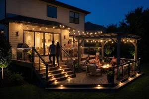 Outdoor deck lighting ideas: A modern multi-level deck with warm lighting, string lights, and a fire pit creates an inviting space for family and friends to gather in the evening.